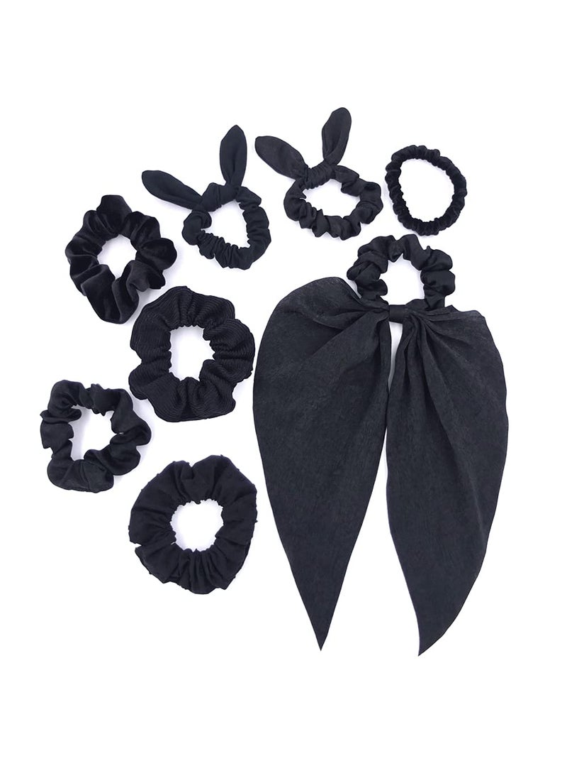 Sugarmelon - Hair Bun Scrunchies for Girls Women Bunny Bow Hair Bands Velvet Scrunchies Ponytail Holder Elastic Hair Ties Black 8 Pack - Image 1