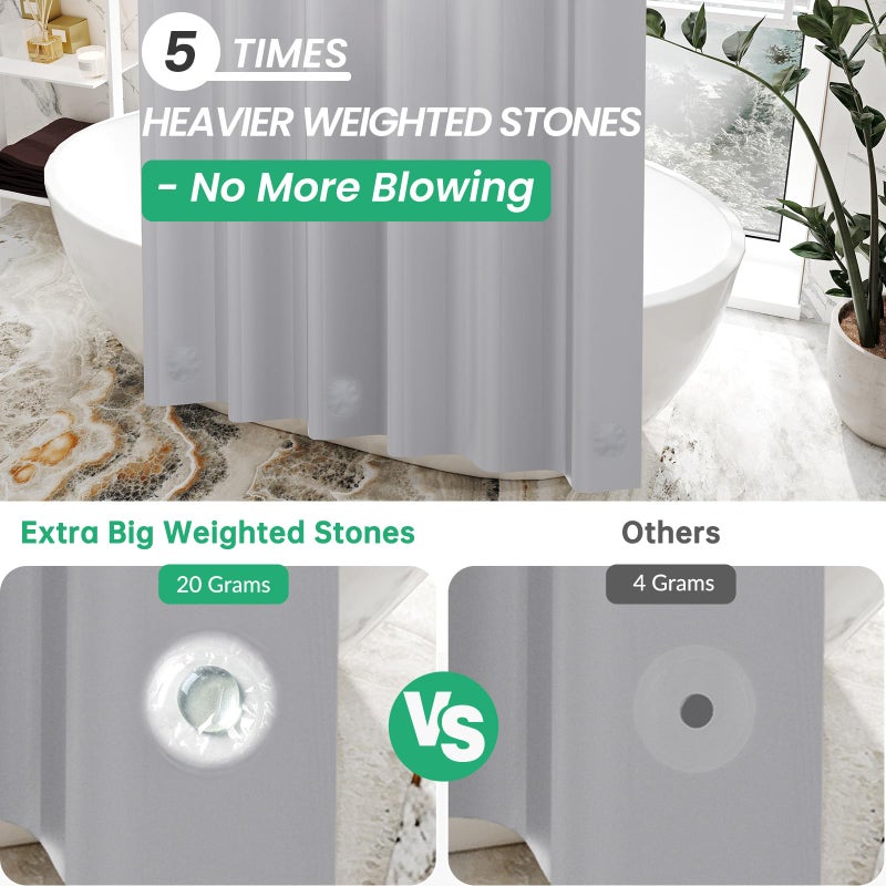 AmazerBath Grey Shower Curtain Plastic, Thick PEVA Shower Curtain Grey, Heavy Duty Shower Curtains for Bathroom, Waterproof Shower Curtain 72x72 with 3 Big Weighted Stones and 12 Rustproof Grommets - Image 2