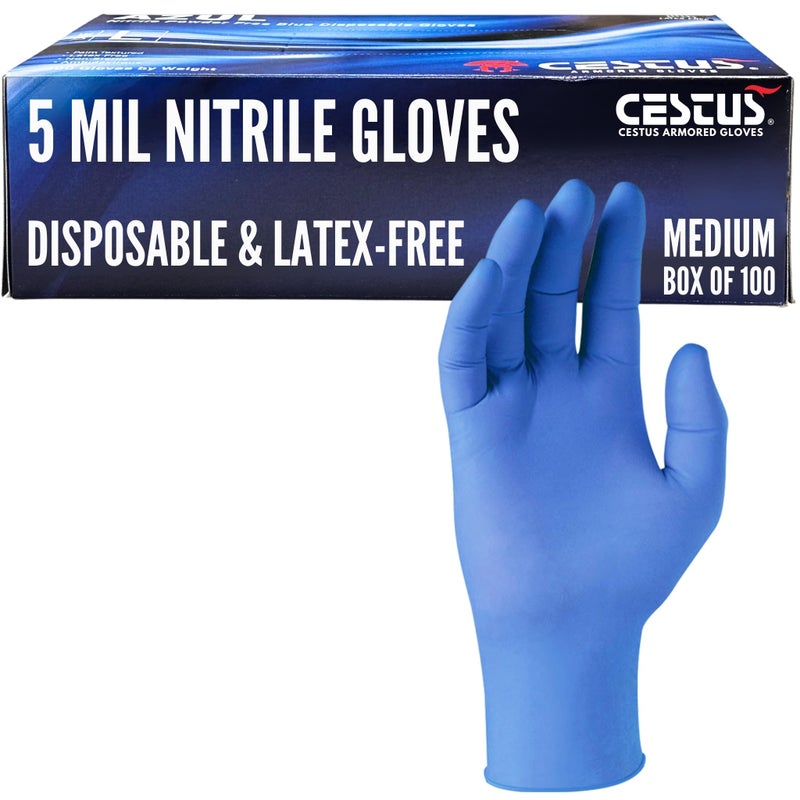 Cestus Azul, 5 Mil Nitrile Gloves, Disposable Gloves, Latex-Free, Powder-Free, Non-Sterile, Air-Tested, Textured (Box of 100, Medium) - Image 1