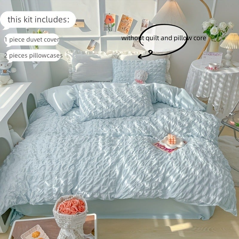 Bubble Plaid Bedding Set 3pcs Fresh Quilt Cover and Pillowcase - Image 3
