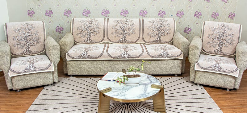 Kreeva Velvet Floral 6 Piece 5 Seater Sofa Cover and Chair Set - (3+1+1), Ivory Cream - Image 1