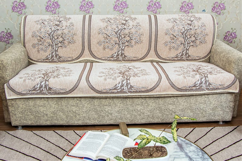 Kreeva Velvet Floral 6 Piece 5 Seater Sofa Cover and Chair Set - (3+1+1), Ivory Cream - Image 2