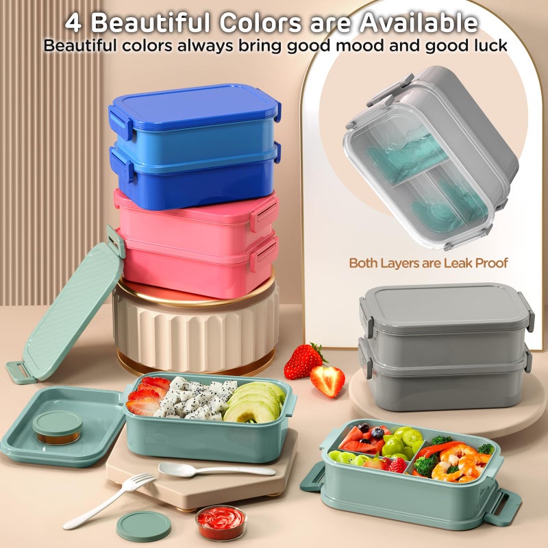 DaCool Adults Lunchbox Bento Box - 74 OZ All-in-One Stackable Lunch Box for Adults Men Women Teens Leakproof Bento Large Lunch Box Containers with Fork Spoon Sauce Box for Dining Out Work School,Grey - Image 3