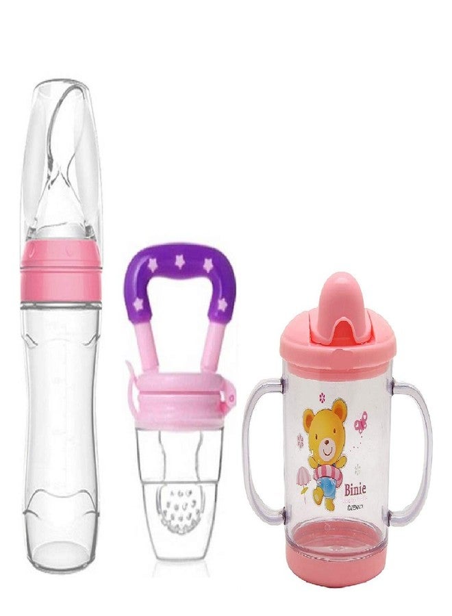 Lappu Baby Rice Paste Food Feeder with Baby Fruit Nibbler & Spout Sipper (Combo) (Pink) - Image 1