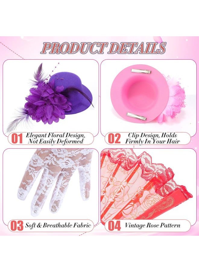 JaGely 12 Pcs Tea Party Fascinator Set Flower Mesh Ribbons Feathers Tea Party Hats for Girls with Lace Gloves for Girls Kids (Bright Color) - Image 3