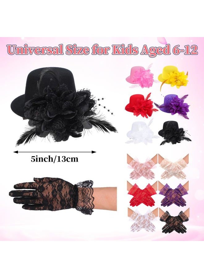 JaGely 12 Pcs Tea Party Fascinator Set Flower Mesh Ribbons Feathers Tea Party Hats for Girls with Lace Gloves for Girls Kids (Bright Color) - Image 2