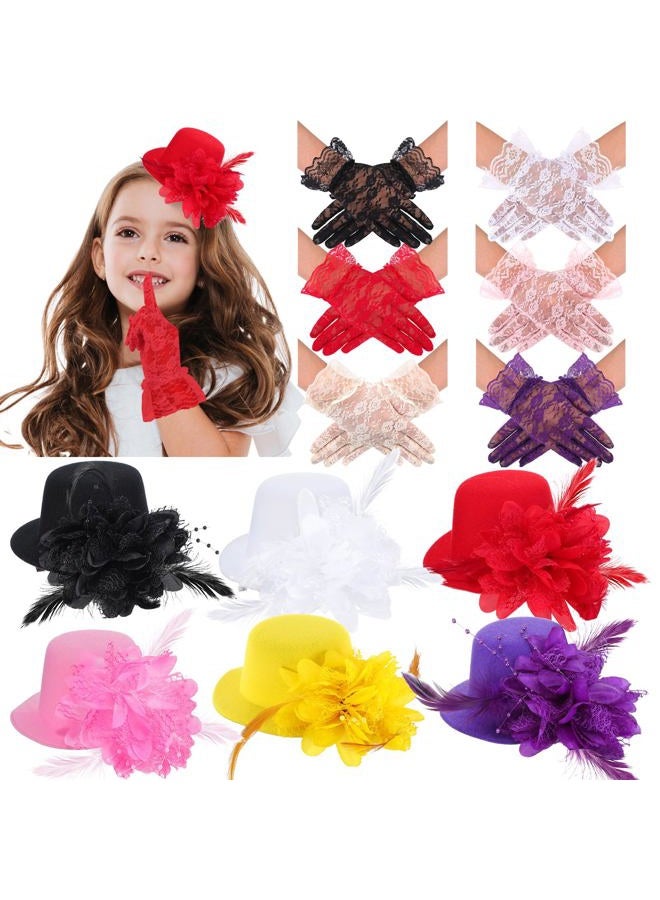 JaGely 12 Pcs Tea Party Fascinator Set Flower Mesh Ribbons Feathers Tea Party Hats for Girls with Lace Gloves for Girls Kids (Bright Color) - Image 1