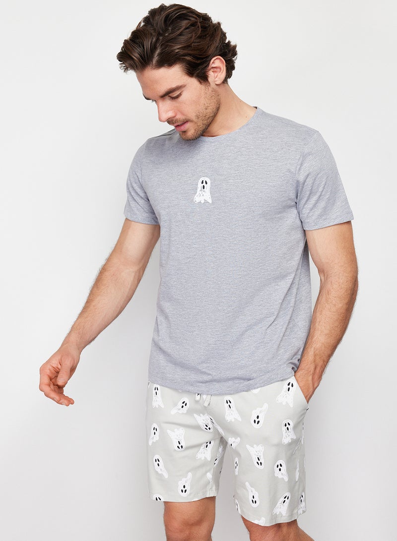 trendyol Gray Printed Regular Fit Knitted Shorts Pajamas Set TMNSS24PT00024 - Image 2