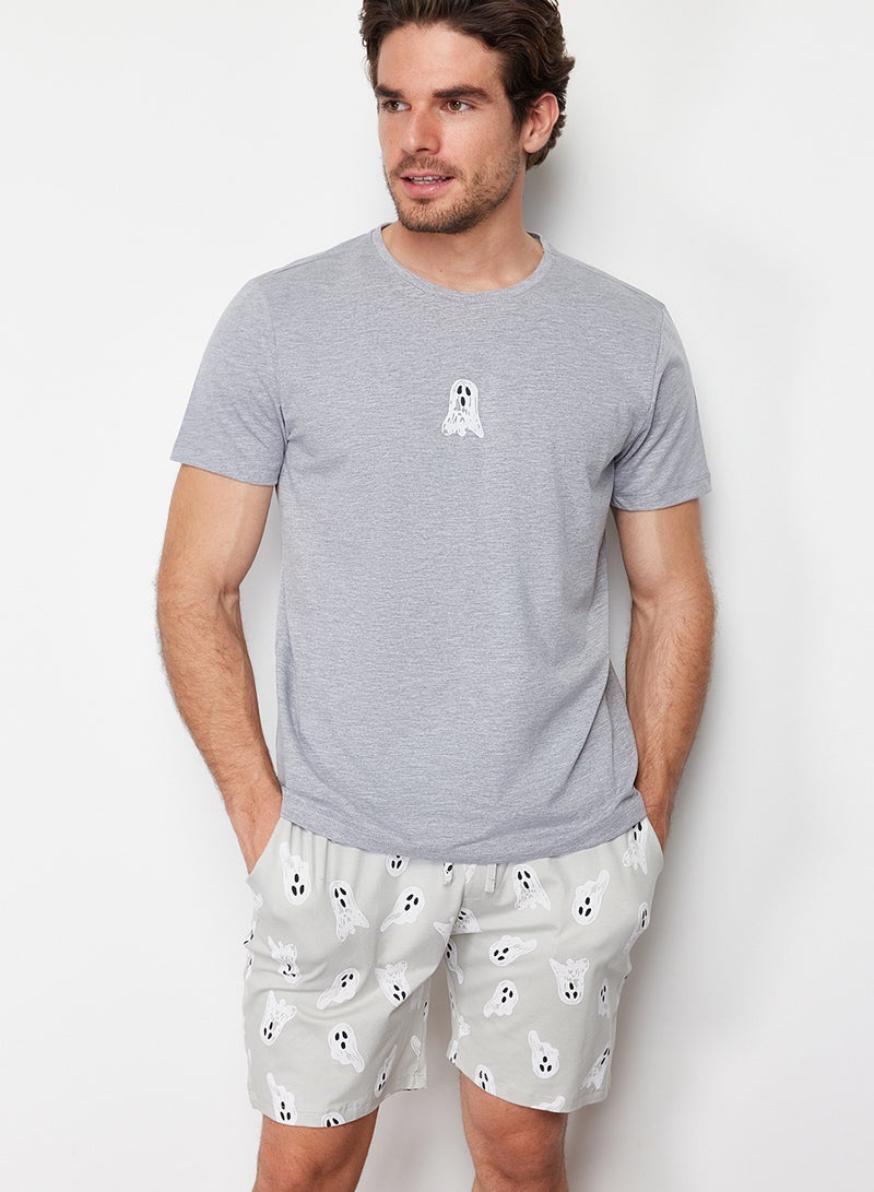 trendyol Gray Printed Regular Fit Knitted Shorts Pajamas Set TMNSS24PT00024 - Image 1
