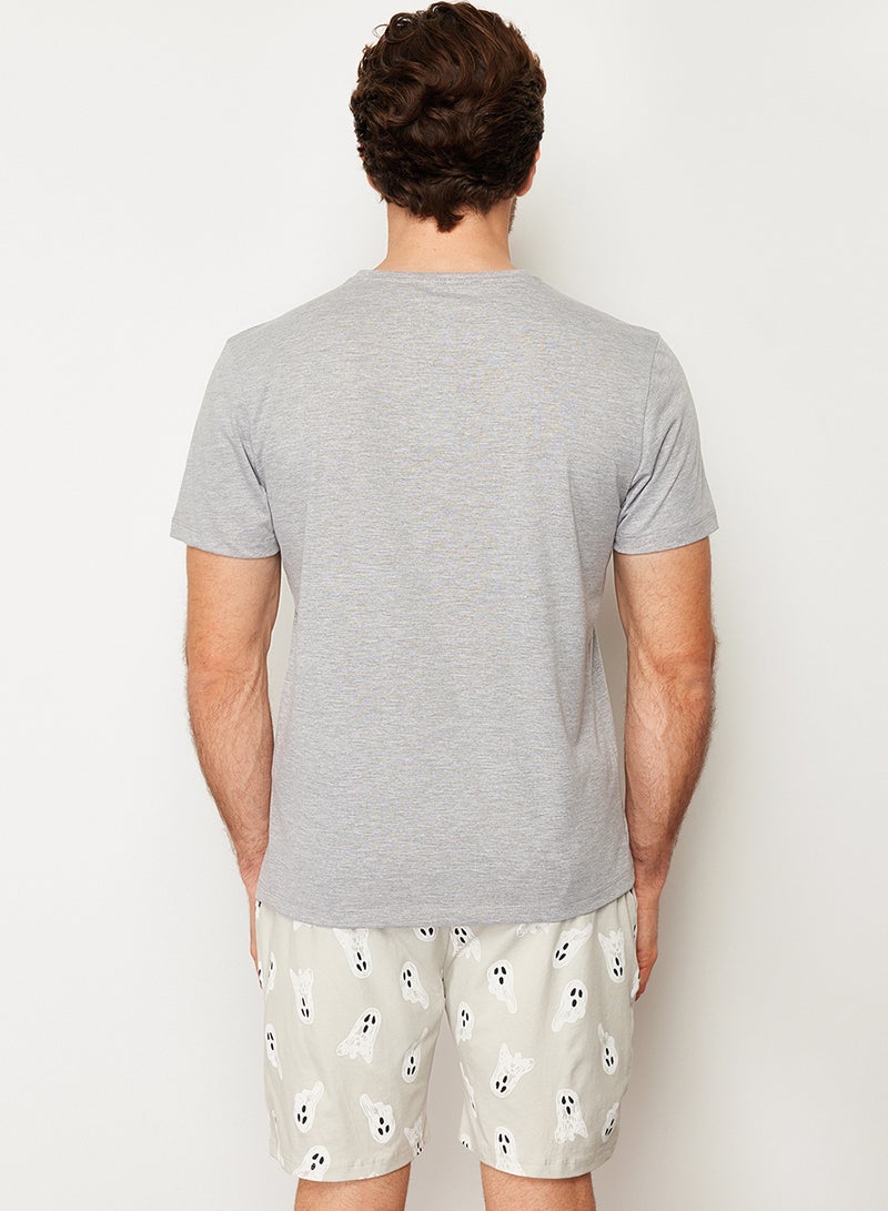 trendyol Gray Printed Regular Fit Knitted Shorts Pajamas Set TMNSS24PT00024 - Image 5