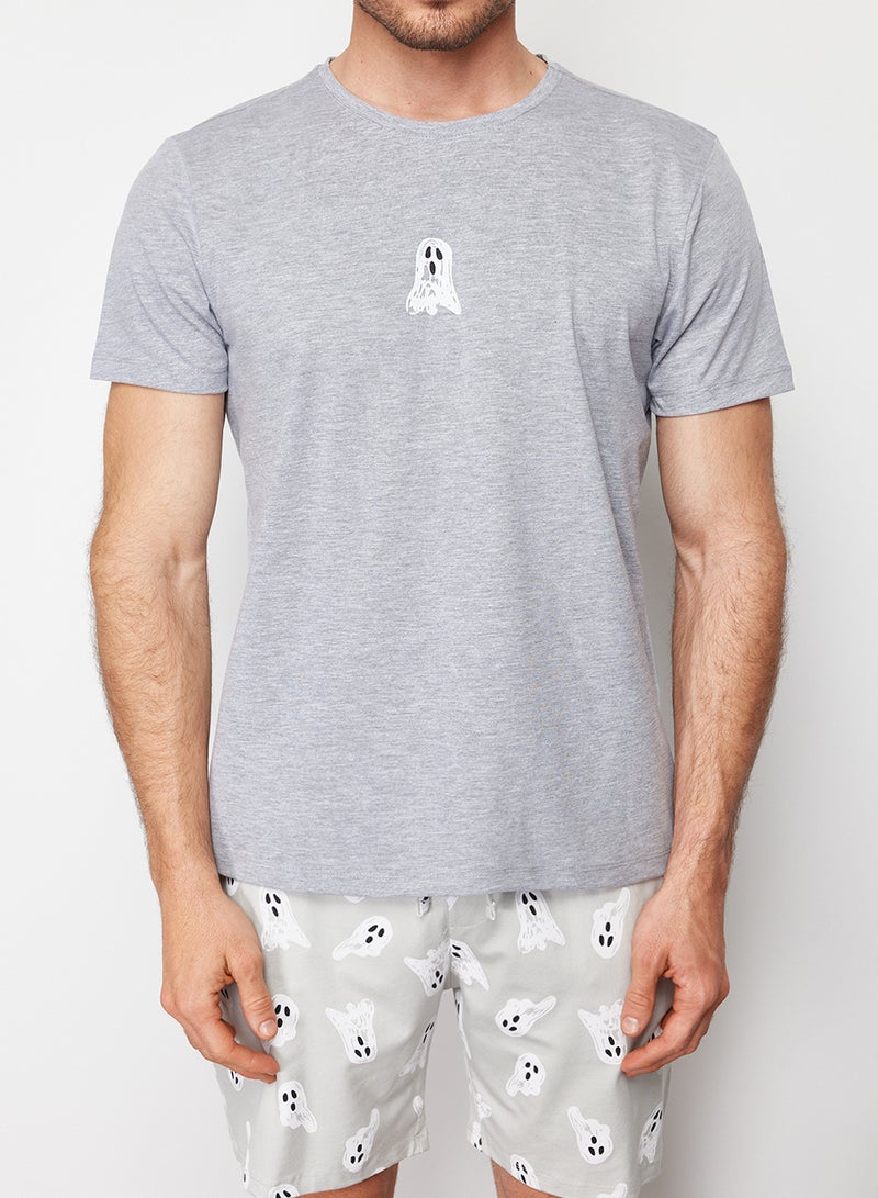 trendyol Gray Printed Regular Fit Knitted Shorts Pajamas Set TMNSS24PT00024 - Image 3