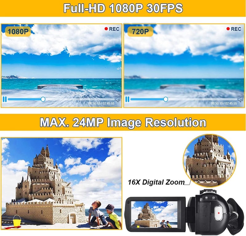 SEREE Video Camera Camcorder Full HD 1080P 30FPS 24.0 MP IR Night Vision Vlogging Camera Recorder 3.0 Inch IPS Screen 16X Zoom Camcorders Camera Remote Control with 2 Batteries - Image 2