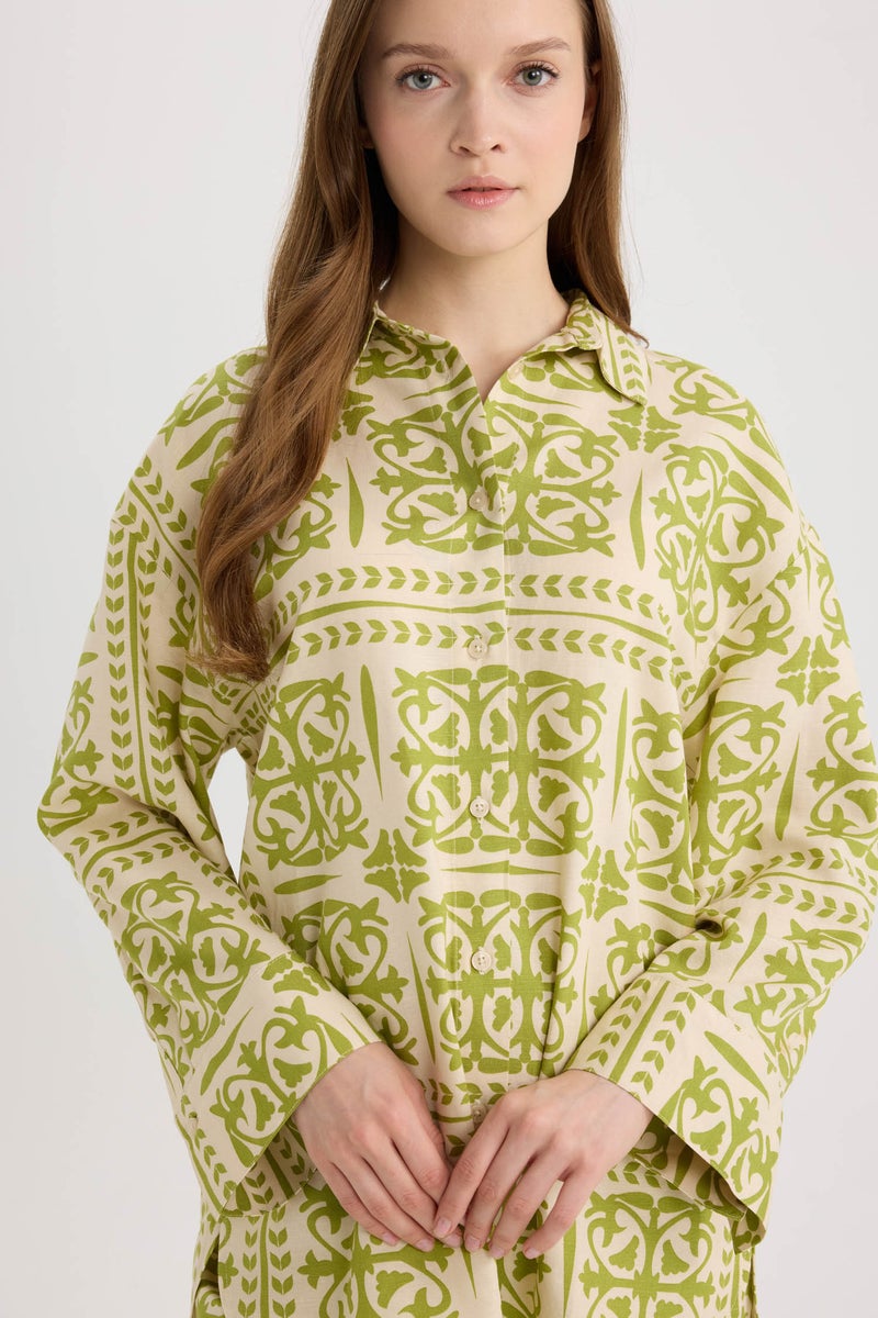 DeFacto Green Woman Relax Fit Printed Linen Blend Long Sleeve Tunic Casual - Image 1