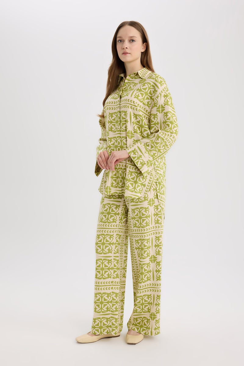 DeFacto Green Woman Relax Fit Printed Linen Blend Long Sleeve Tunic Casual - Image 2