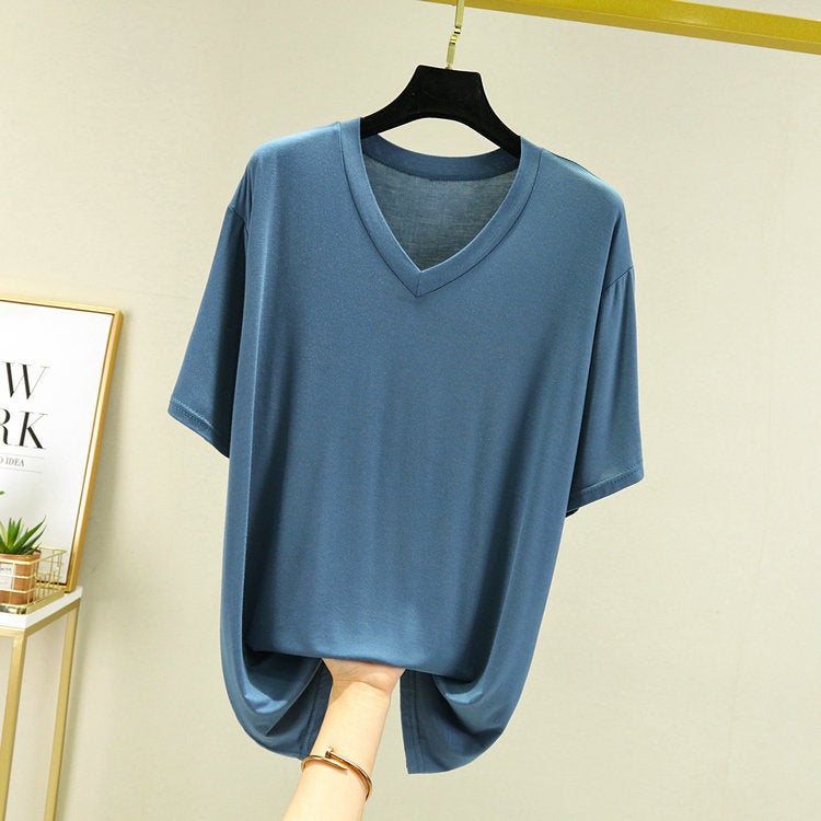 2024 Modal Short-Sleeved T-Shirt Men's Summer Thin Loose Large Size Plus Fat V Neck Bottoming Shirt Outer Half-Sleeved Top - Image 3