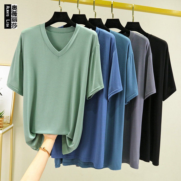 2024 Modal Short-Sleeved T-Shirt Men's Summer Thin Loose Large Size Plus Fat V Neck Bottoming Shirt Outer Half-Sleeved Top - Image 2