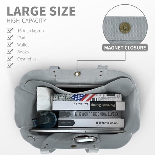 HOMESPON Large Canvas Tote Bag for Women Everything Bag with Pockets and Laptop Sleeve (Grey) - Image 4