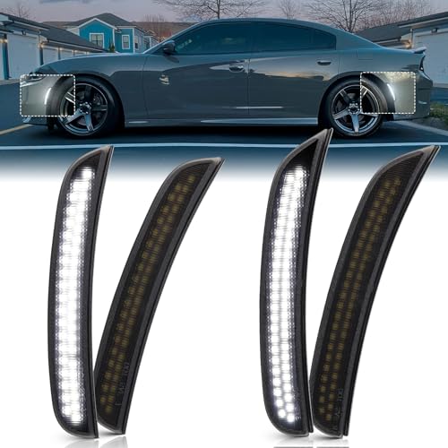 FetonAuto White LED Side Marker Lights for Dodge Charger 2015-2023, Smoked Lens Front Rear Bumper Lights with Dual Row Chips, Pure White LED Charger Side Markers Fender Parking Lamps - Image 1