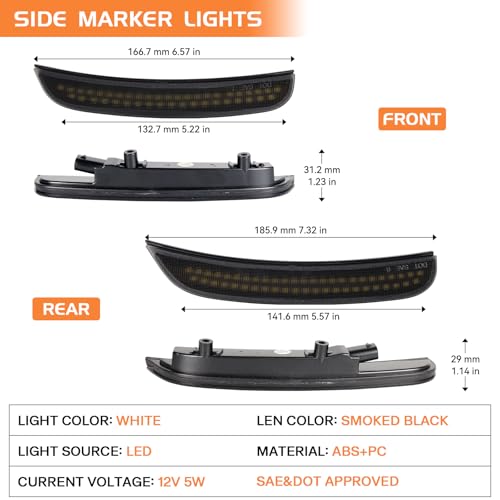 FetonAuto White LED Side Marker Lights for Dodge Charger 2015-2023, Smoked Lens Front Rear Bumper Lights with Dual Row Chips, Pure White LED Charger Side Markers Fender Parking Lamps - Image 3