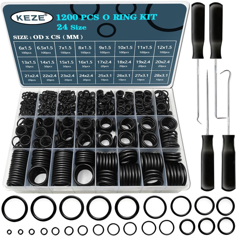 KEZE 1200 Pcs 24 Size Universal Rubber O-Ring Assortment Kit with 4-Piece Precision Pick and Hook Set for Auto Vehicle Faucet Plumbing Pressure Washer Air or Gas Sealing Repair OD:6mm-28mm O Ring - Image 1