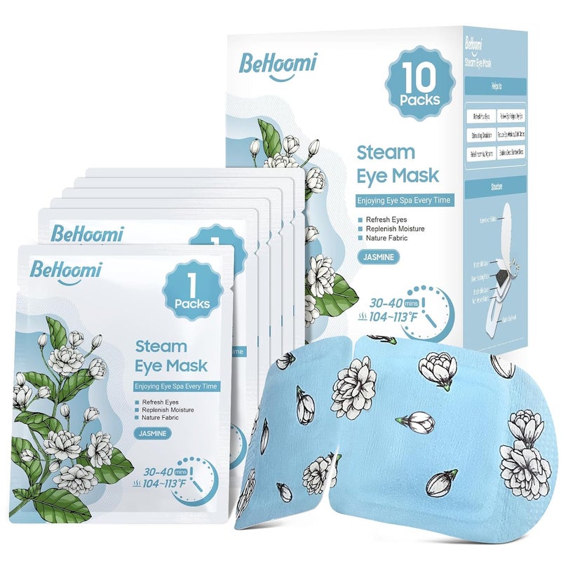 BeHoomi Steam Eye Mask 10 Packs Heated Eye Mask Self Heating Disposable SPA Warm Compress for Eyes Sleep Mask Soothing Moist Heat Eye Masks Travel Essentials  Relaxation Gifts Jasmine Scent 