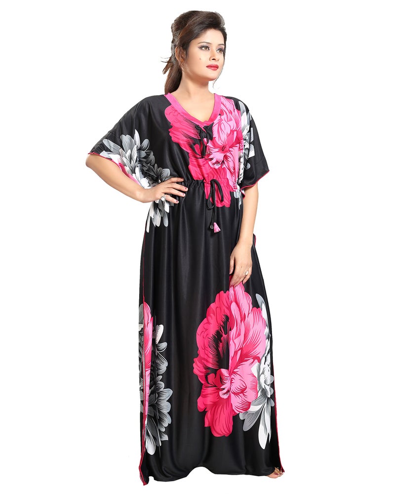 Noty Store Noty Women's Kaftan Nighty | Serena Fabric | Floral Print Maxi | Short Sleeves | V Shaped Neck (XXXX-Large, Rani & Black) - Image 2