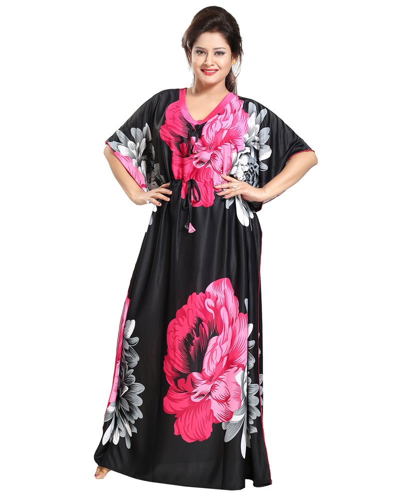 Noty Store Noty Women's Kaftan Nighty | Serena Fabric | Floral Print Maxi | Short Sleeves | V Shaped Neck (XXXX-Large, Rani & Black) - Image 1