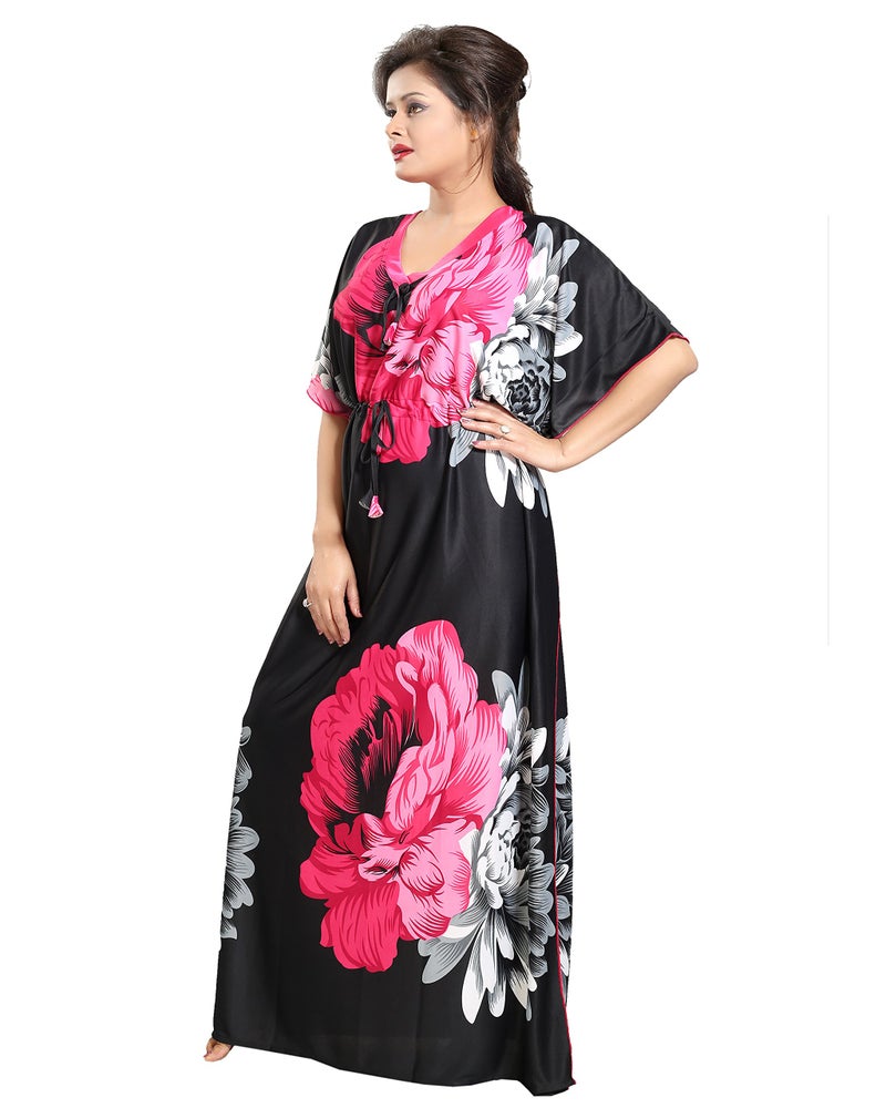 Noty Store Noty Women's Kaftan Nighty | Serena Fabric | Floral Print Maxi | Short Sleeves | V Shaped Neck (XXXX-Large, Rani & Black) - Image 3