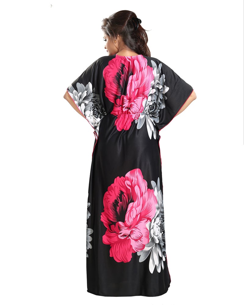 Noty Store Noty Women's Kaftan Nighty | Serena Fabric | Floral Print Maxi | Short Sleeves | V Shaped Neck (XXXX-Large, Rani & Black) - Image 4