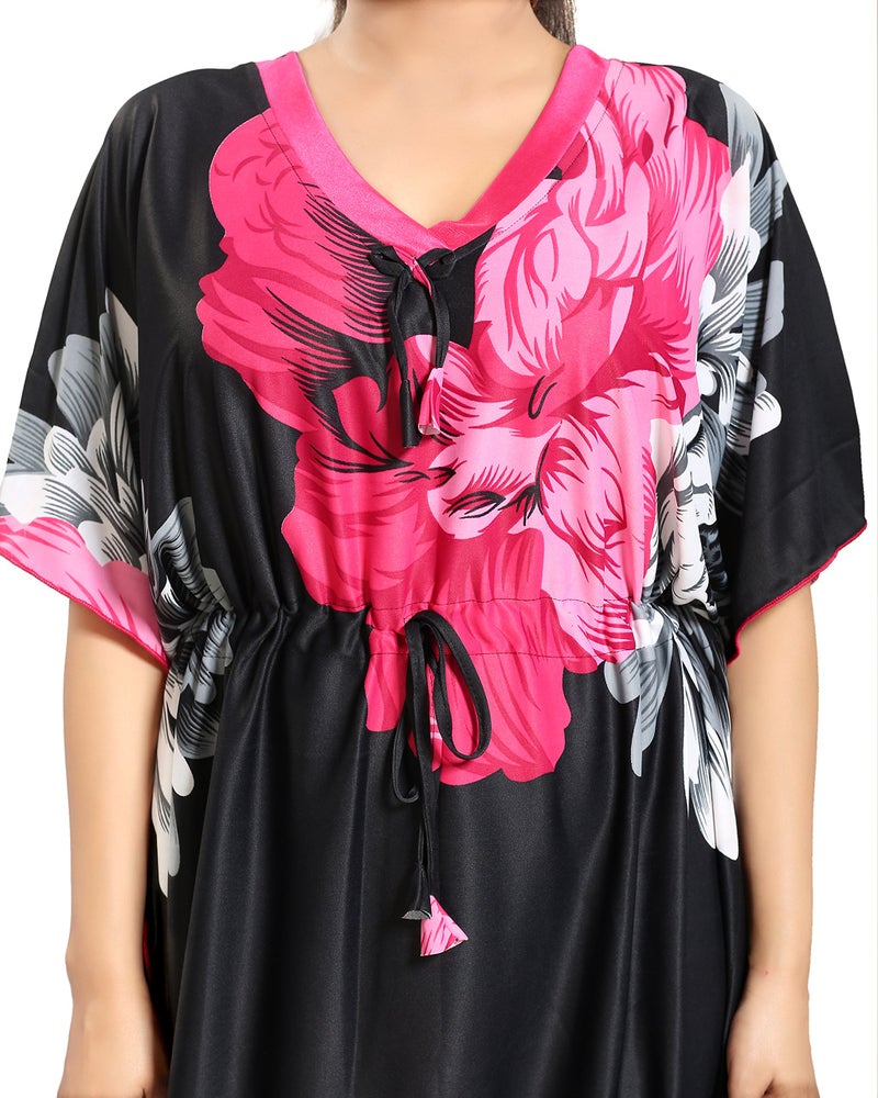 Noty Store Noty Women's Kaftan Nighty | Serena Fabric | Floral Print Maxi | Short Sleeves | V Shaped Neck (XXXX-Large, Rani & Black) - Image 5