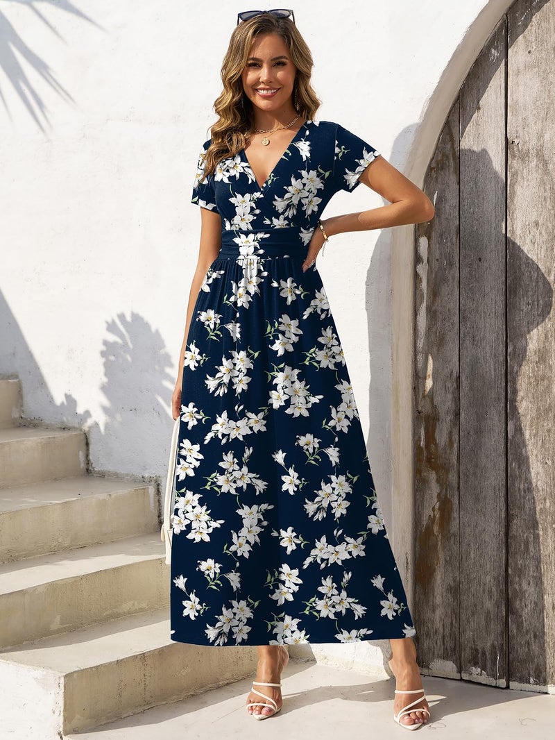 Gracyoga Maxi Dresses for Women 2025 Casual Long Short Sleeve Wrap A Line Dress Fall Flattering Empire Waist Sundress Navy Lily Printed L - Image 5