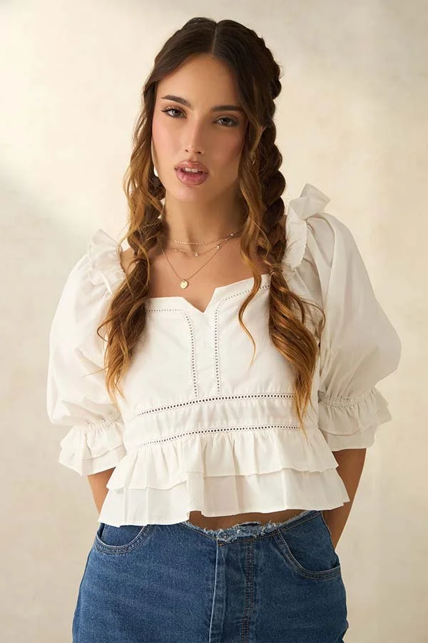 فيرجيو بلوزة فيرجيو قطن مكشكشة بالدانتيل