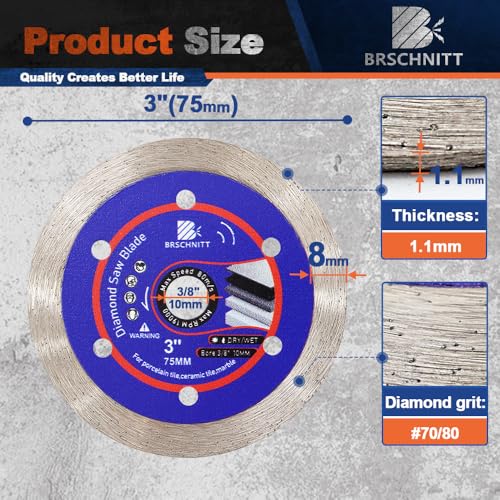 BRSCHNITT 75 mm / 3 inch Diamond Ceramic Cutting Disc - 3pcs 3" Diamond Tile Blade for Ceramic Tile Porcelain Tile Marble Arbor 3/8''(10mm) - Image 2