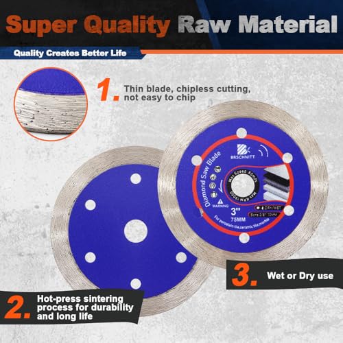 BRSCHNITT 75 mm / 3 inch Diamond Ceramic Cutting Disc - 3pcs 3" Diamond Tile Blade for Ceramic Tile Porcelain Tile Marble Arbor 3/8''(10mm) - Image 5