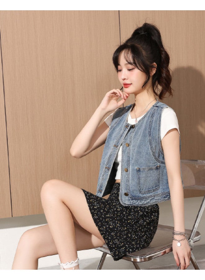 TonLion spring Korean-style Versatile Layering Denim Sleeveless Jacket For Women - Youthful Slimming Solid Color Outerwear - Image 1