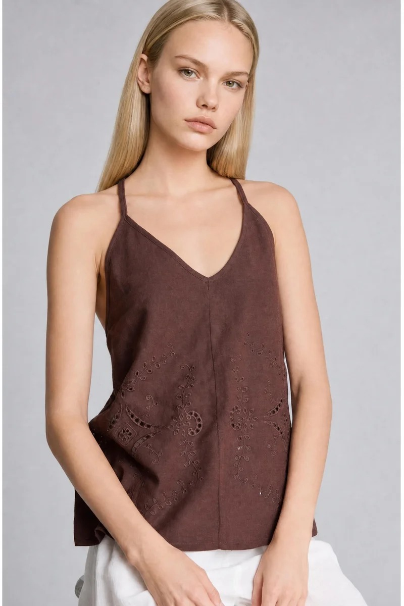 Defacto Regular Fit Halter Neck Cotton Brown Top