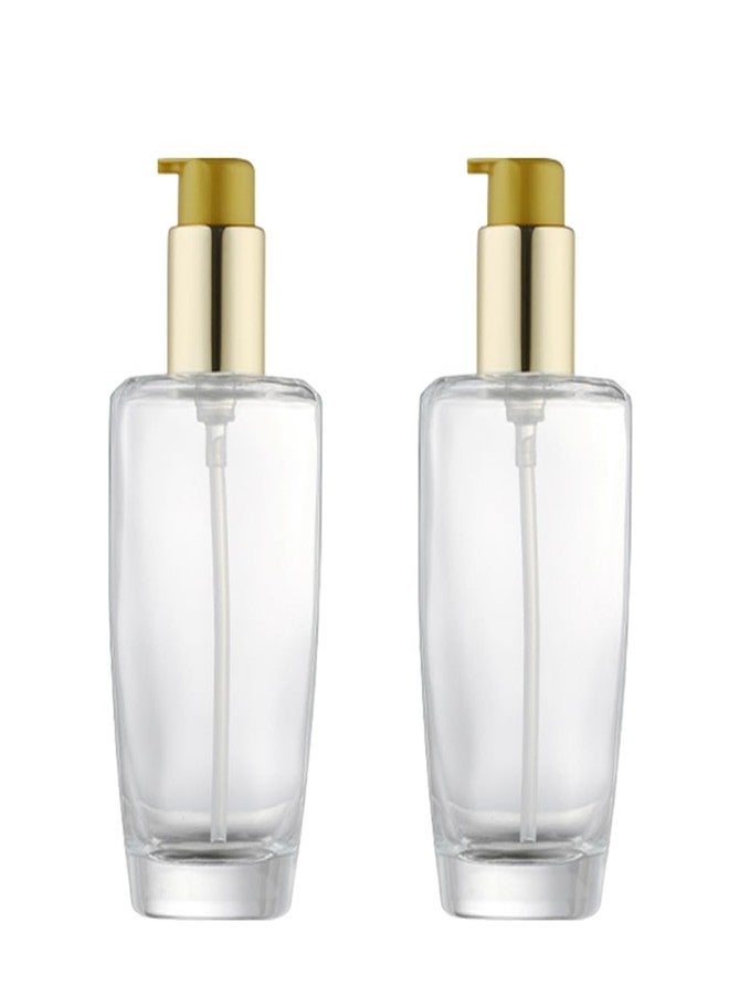 Elandy 2Pcs 100ml/3.4oz Empty Clear Glass Lotion Pump Bottle with Gold Pump Top Portable Essential Oil Pump Dispensers Jars Vials Hair Conditioner Container for Makeup Emulsion Toner - Image 1