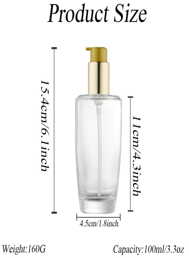 Elandy 2Pcs 100ml/3.4oz Empty Clear Glass Lotion Pump Bottle with Gold Pump Top Portable Essential Oil Pump Dispensers Jars Vials Hair Conditioner Container for Makeup Emulsion Toner - Image 2