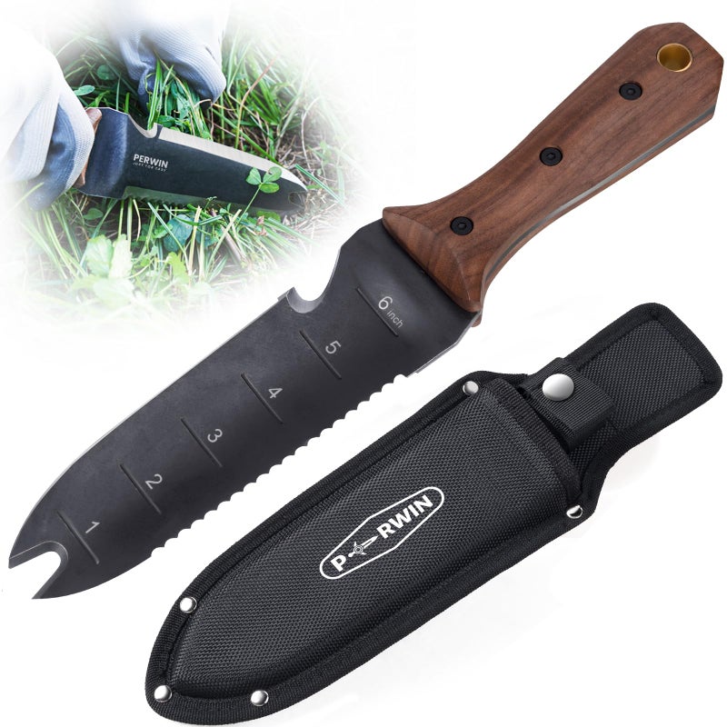PERWIN Hori Hori Garden Knife, Garden Tools with Sheath for Weeding, Planting, Digging, 7" Stainless Steel Blade with Cutting Edge, Full-Tang Walnut Wood Handle with Hanging Hole - Image 1