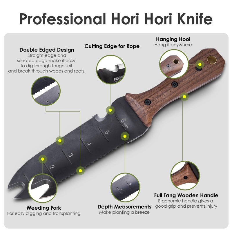 PERWIN Hori Hori Garden Knife, Garden Tools with Sheath for Weeding, Planting, Digging, 7" Stainless Steel Blade with Cutting Edge, Full-Tang Walnut Wood Handle with Hanging Hole - Image 3