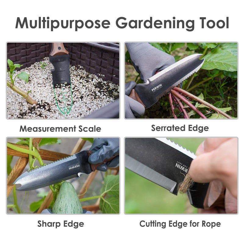 PERWIN Hori Hori Garden Knife, Garden Tools with Sheath for Weeding, Planting, Digging, 7" Stainless Steel Blade with Cutting Edge, Full-Tang Walnut Wood Handle with Hanging Hole - Image 2