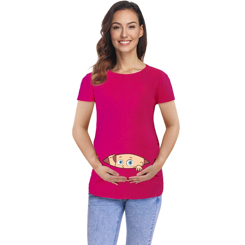 European version plus size summer maternity wear short-sleeved t-shirt mid-length digital printing series simple fashion yf0026TibetanBlueA L - Image 4