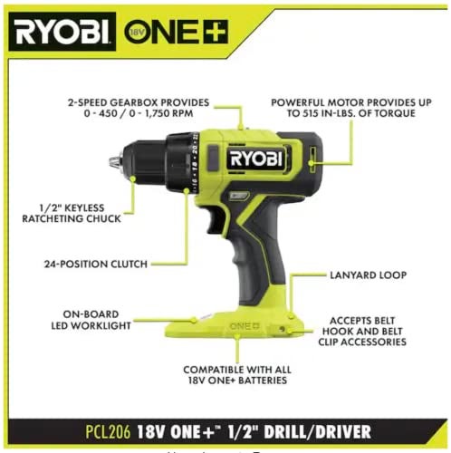 RYOBI ONE+ 18V مثقاب/سائق لاسلكي 1/2 بوصة (أداة فقط) PCL206B أسود أخضر - Image 2