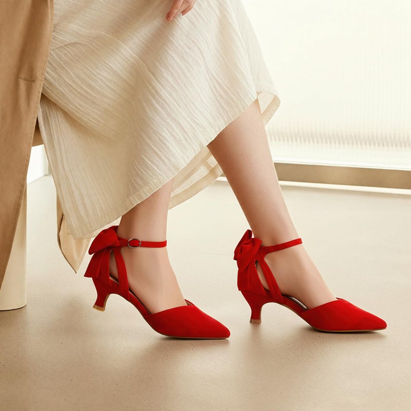 Carcuume Women's Kitten Heels with Bow Closed Toe Sandals Ankle Strap Wedding Pump Shoes, Beni-RED-7 - Image 2
