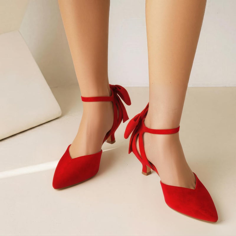Carcuume Women's Kitten Heels with Bow Closed Toe Sandals Ankle Strap Wedding Pump Shoes, Beni-RED-7 - Image 3