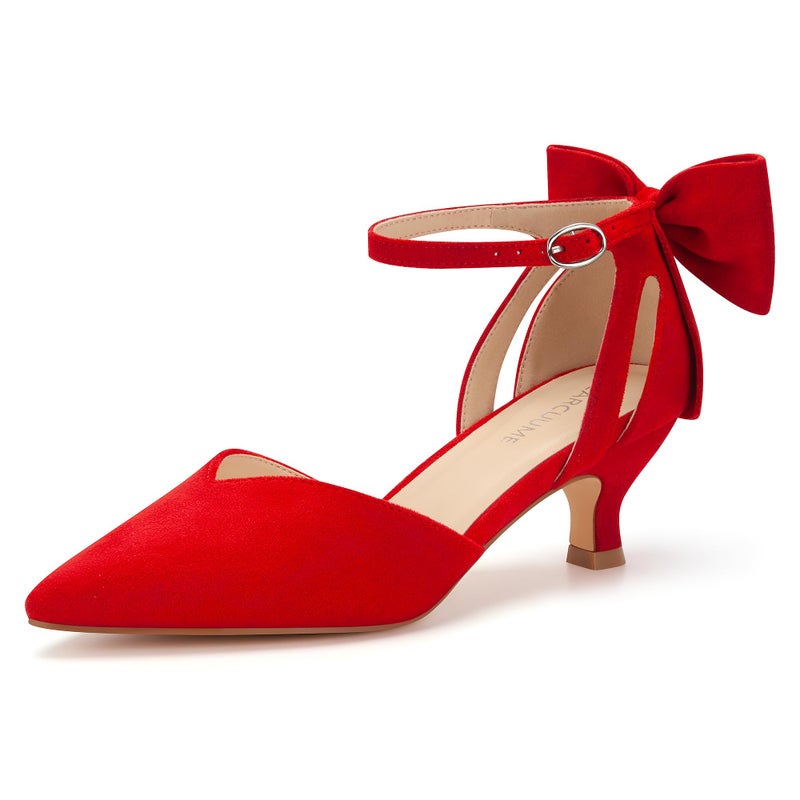 Carcuume Women's Kitten Heels with Bow Closed Toe Sandals Ankle Strap Wedding Pump Shoes, Beni-RED-7 - Image 1