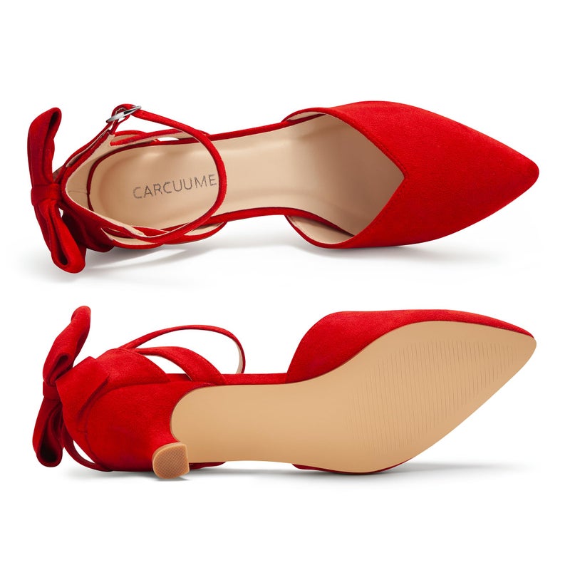 Carcuume Women's Kitten Heels with Bow Closed Toe Sandals Ankle Strap Wedding Pump Shoes, Beni-RED-7 - Image 5