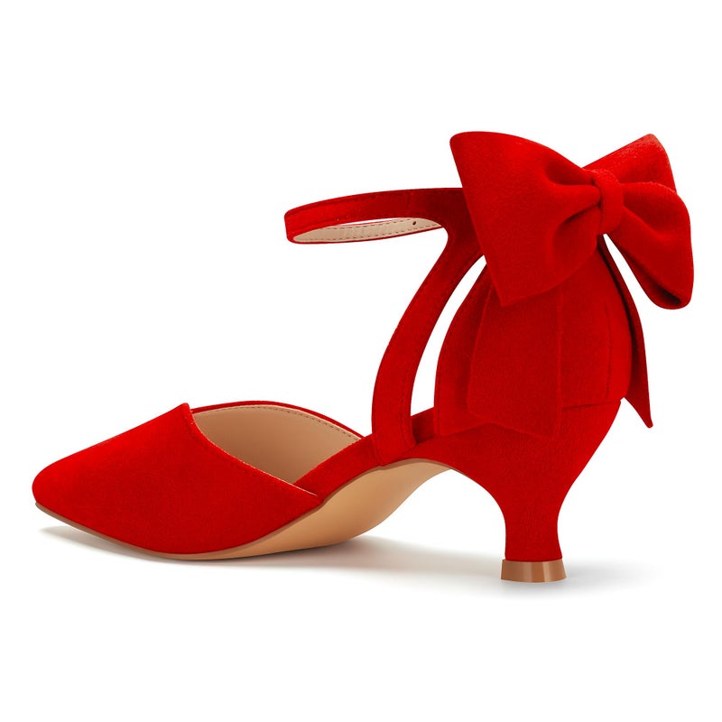 Carcuume Women's Kitten Heels with Bow Closed Toe Sandals Ankle Strap Wedding Pump Shoes, Beni-RED-7 - Image 4