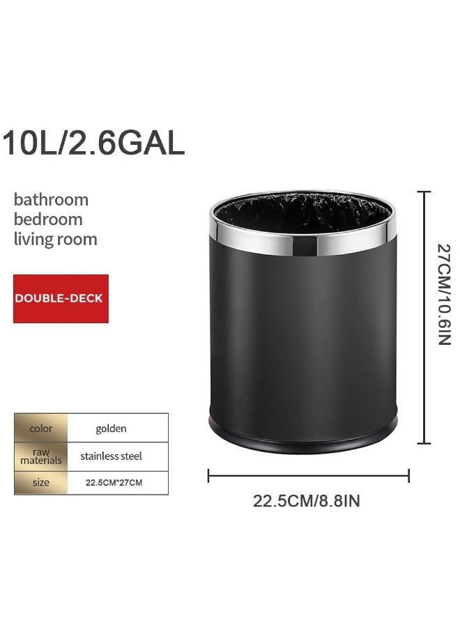 Metal Round Open-Top Trash Can, 10L/2.6GAL - Black Stainless Steel Waste Bin for Office, Hotel,  Home - Image 2