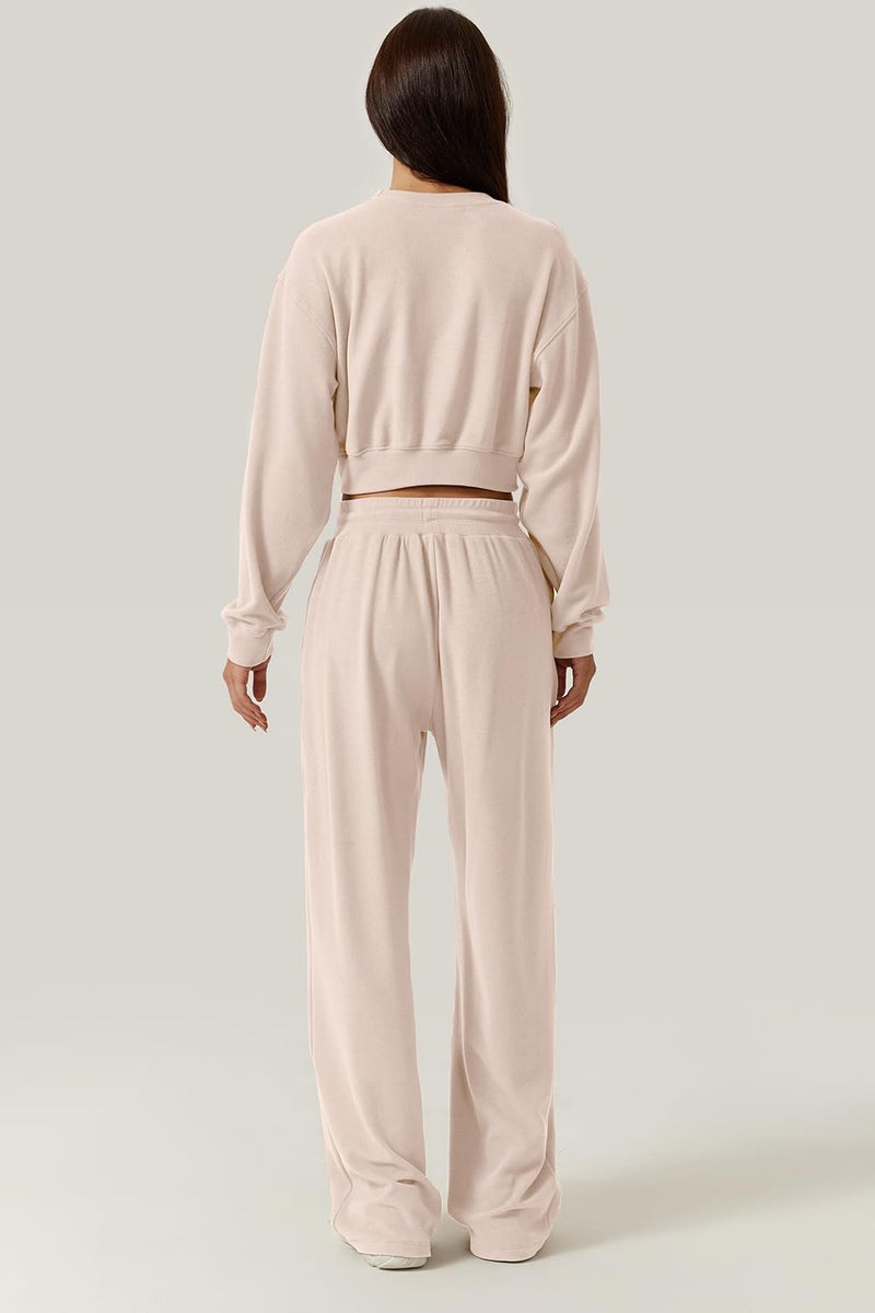 QINSEN Women 2 Piece Tracksuit Twist Front Cropped Tops Full Length Wide Leg Sweatpants Outfits Sweatsuit Beige M - Image 2